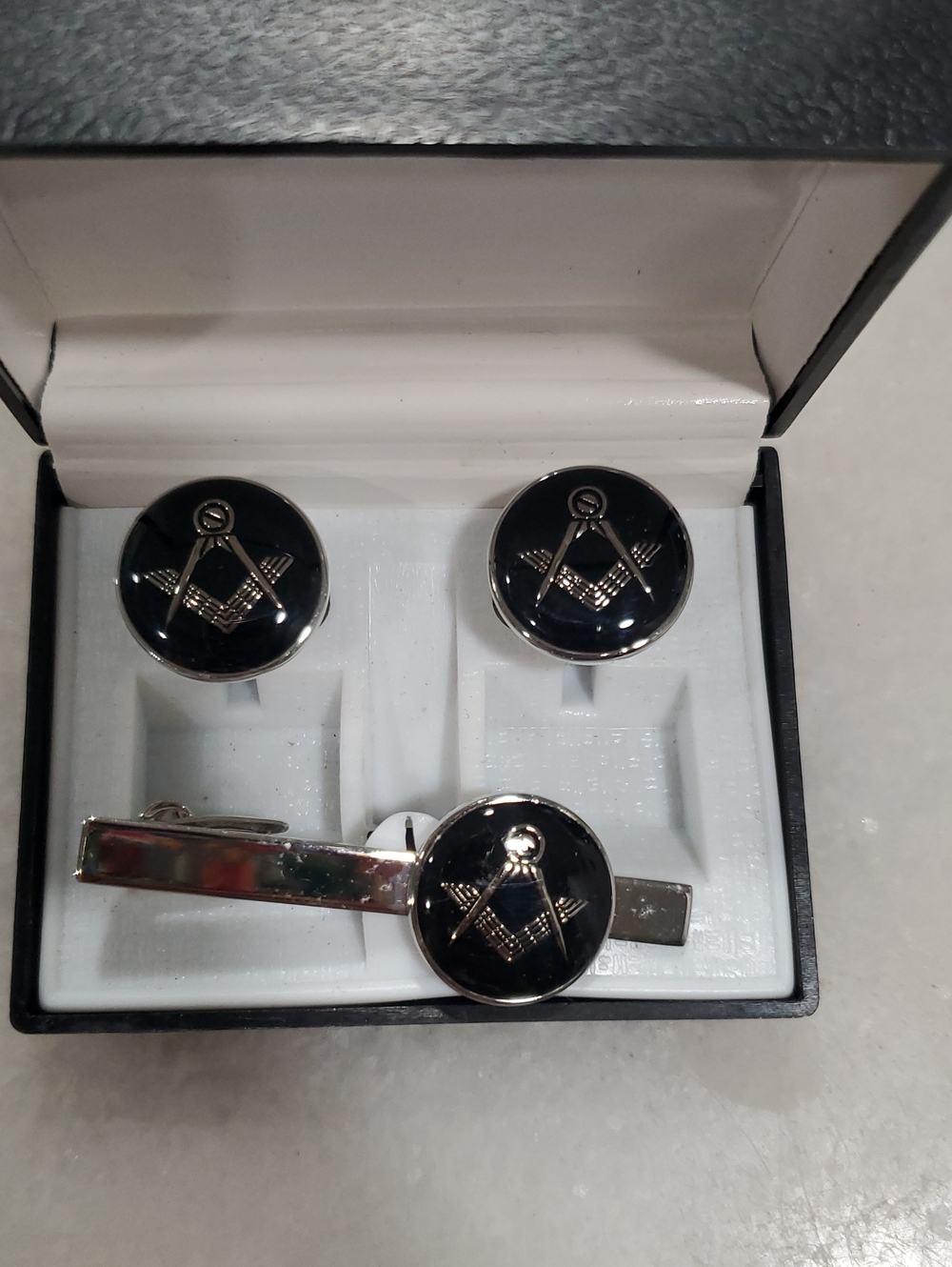 Black Enamel Masonic Cufflinks and Tie Clip Set